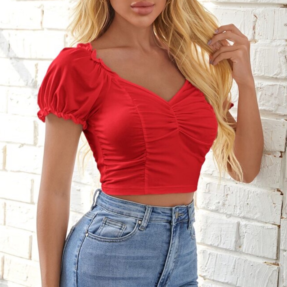 SHEIN red Unity Frill Trim Ruched Crop Milkmaid Top size large